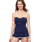 Front View Of Profile By Gottex Tutti Frutti Bandeau Strapless Shirred Swimdress | PROFILE TUTTI FRUTTI NAVY AND WHITE