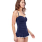 Side View Of Profile By Gottex Tutti Frutti Bandeau Strapless Shirred Swimdress | PROFILE TUTTI FRUTTI NAVY AND WHITE