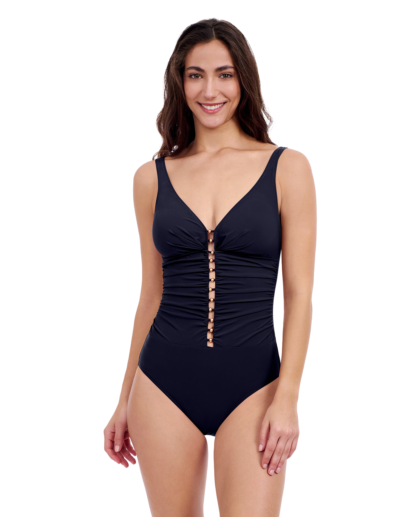 Profile By Gottex Tutti Frutti D-Cup V-Neck Gold Beaded One Piece Swimsuit | Profile Tutti Frutti Black