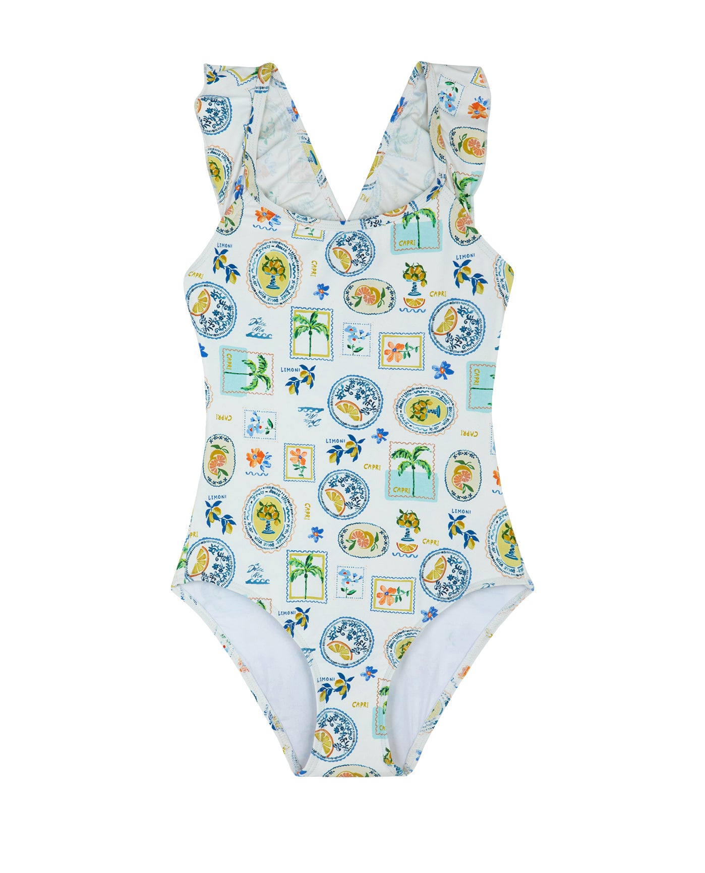 Capri Vibes Square Neck Ruffle One Piece -Wh/multi
