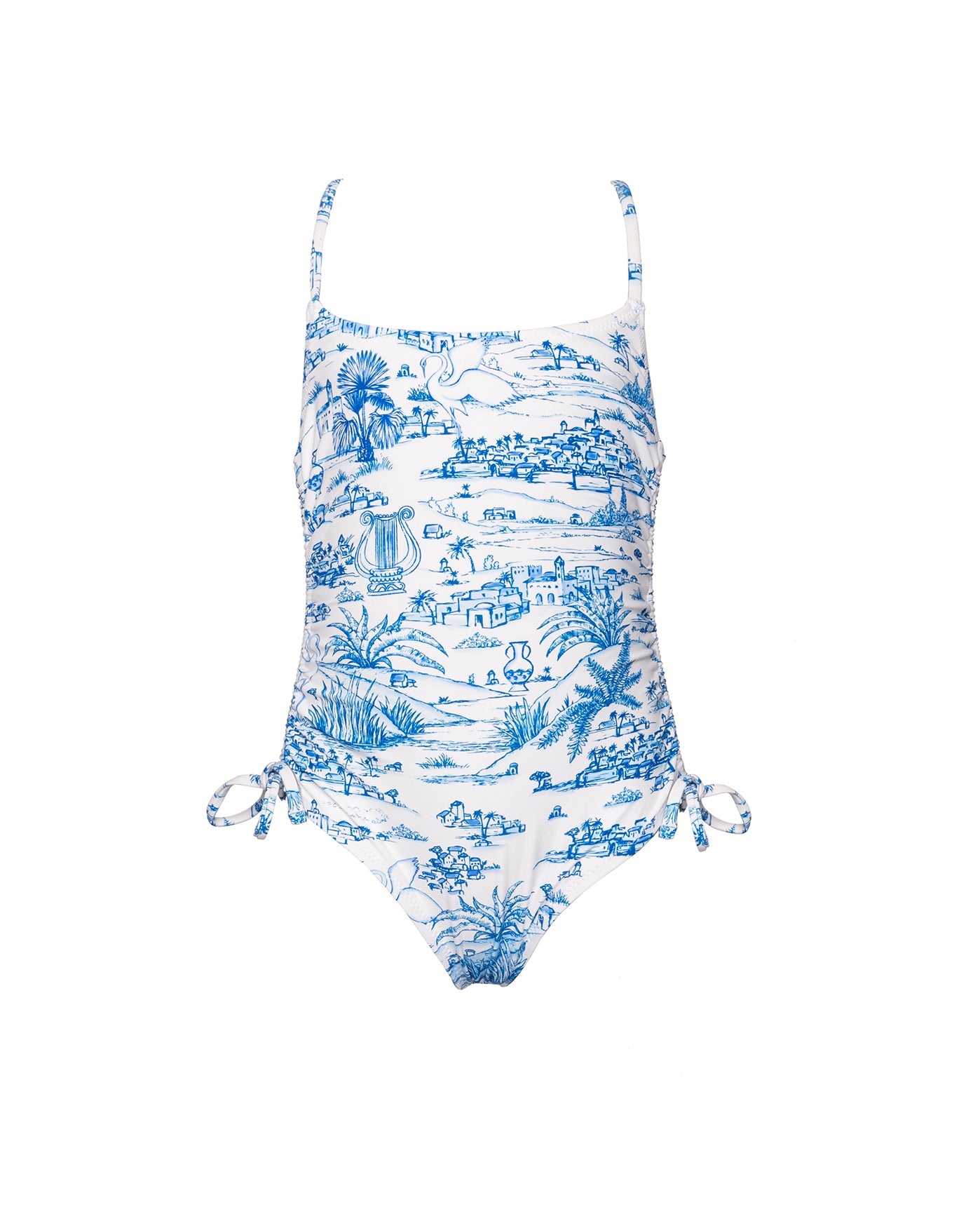 Summer Toile Criss Cross Back Adjustable One Piece -Blue/ white