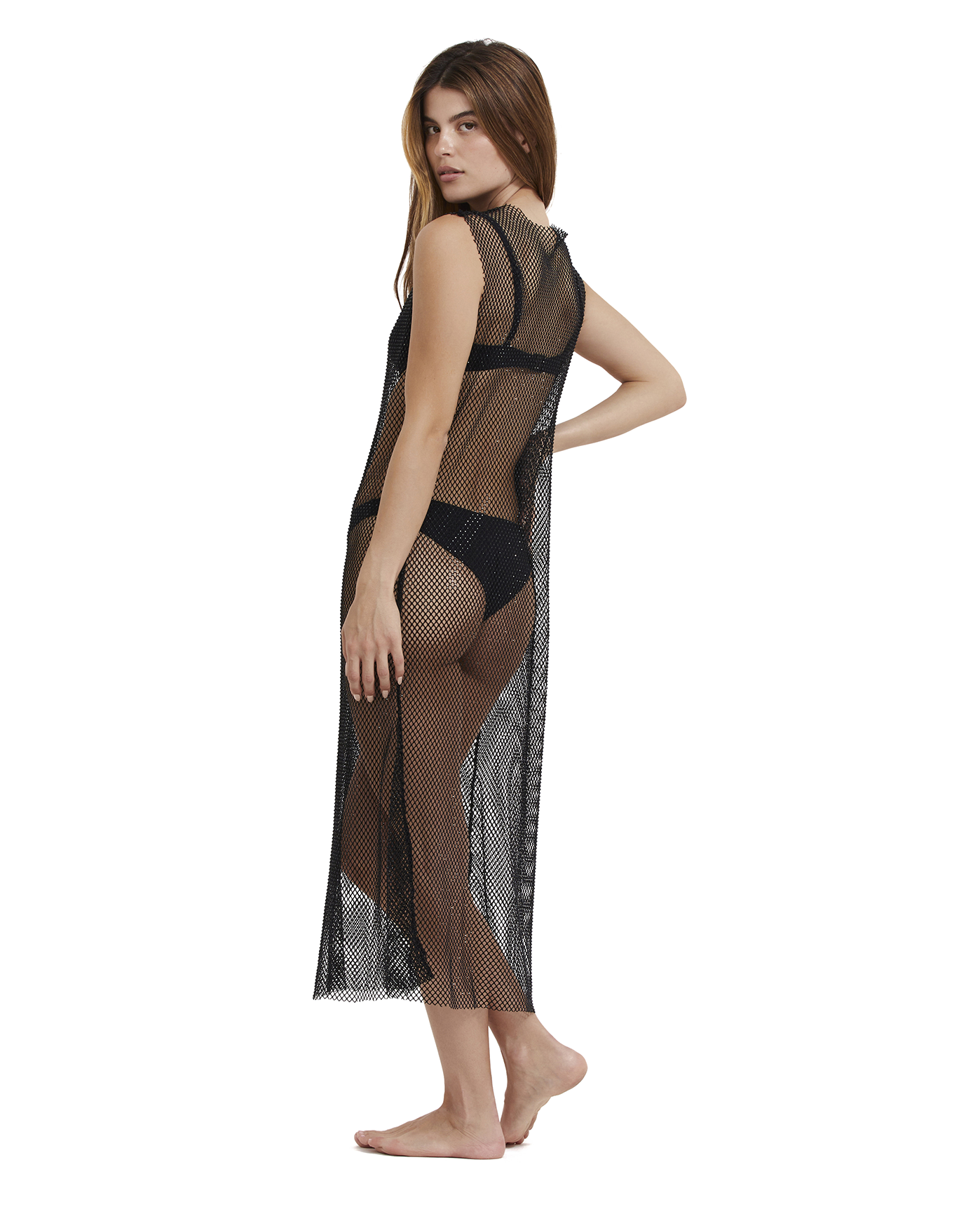 Back View Of Rhinestone Mesh Cover-Up Dress | black-001