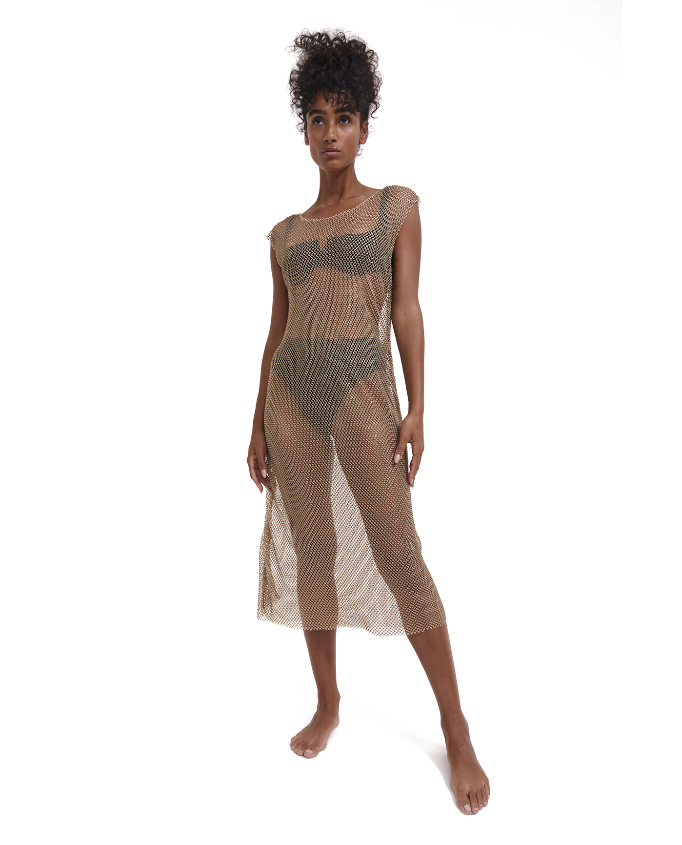 Front View Of Rhinestone Mesh Cover-Up Dress | beige-270

