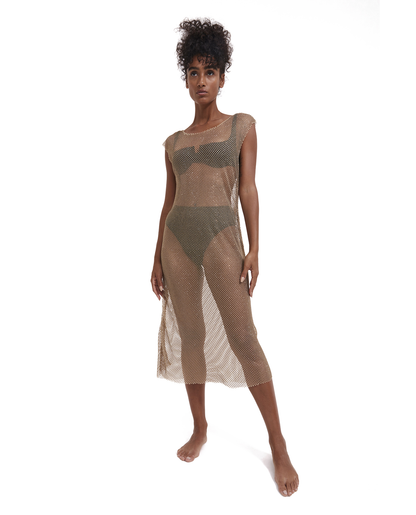 Front View Of Rhinestone Mesh Cover-Up Dress | beige-270

