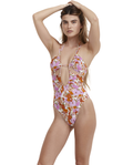 Vintage Florals Deep Plunge Cut Out Halter One Piece