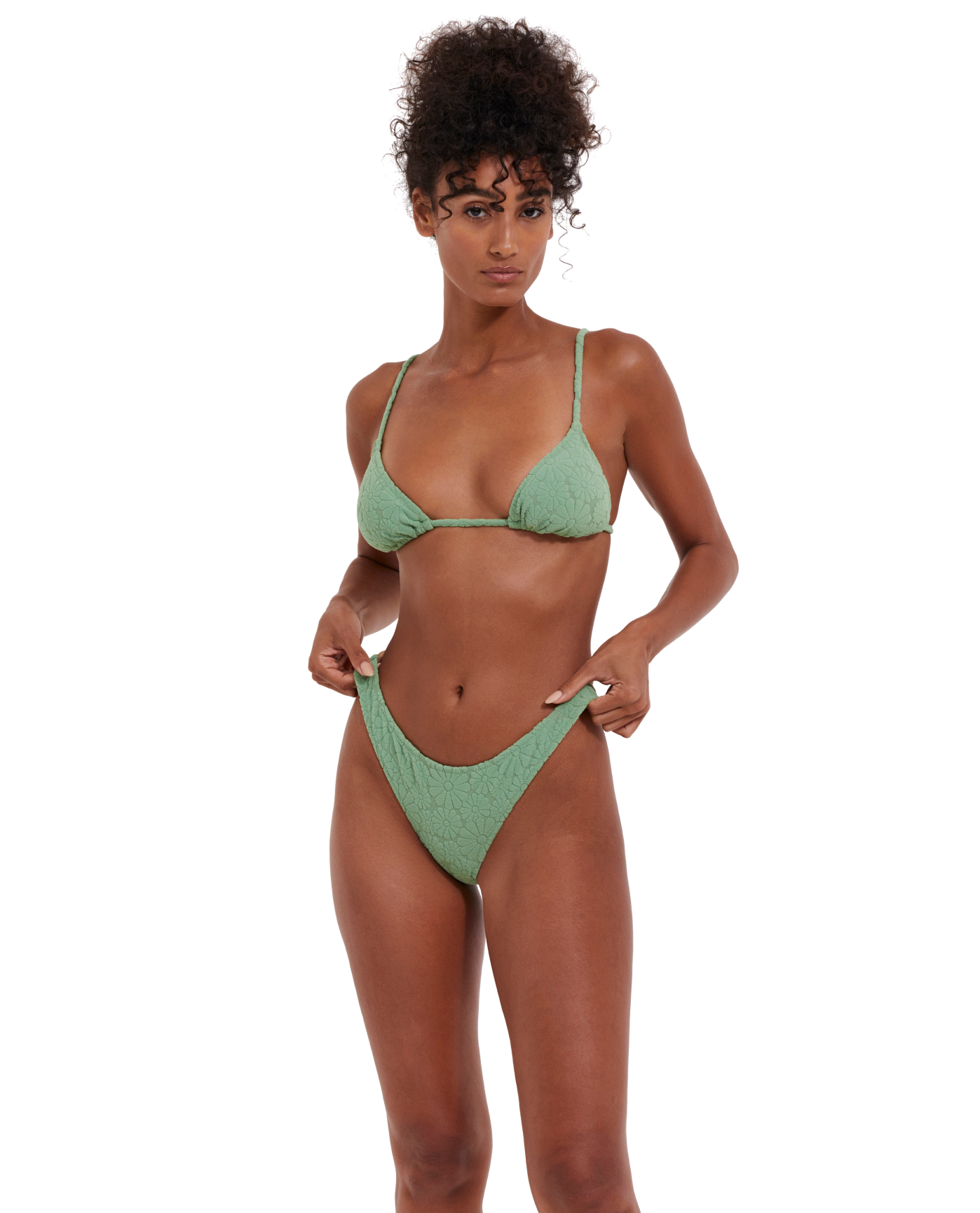Front View Of Flirtt Spring Days Textured Triangle Bikini Top | Flirtt Spring Days Dusk Green