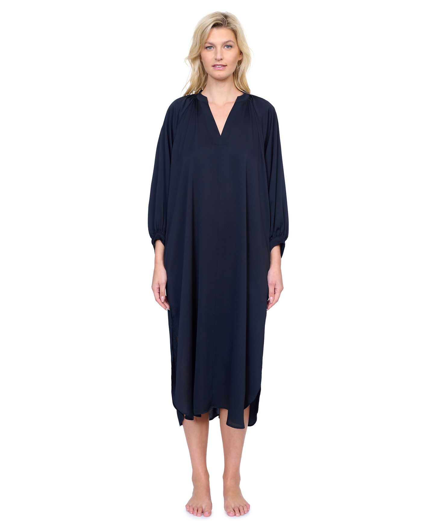 Long Sleeve V-Neck Midi Dress Cover-Up-Black