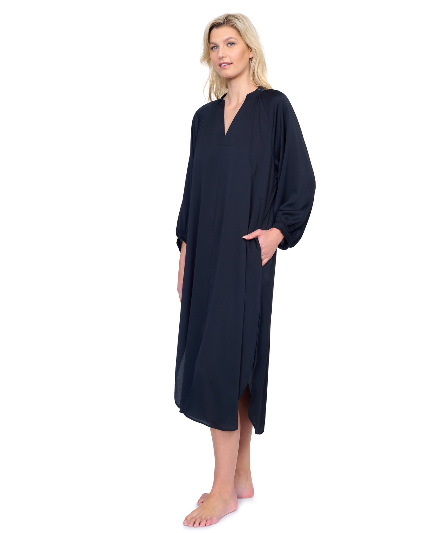 Long Sleeve V-Neck Midi Dress Cover-Up-Black