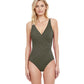 Front View Of Gottex Contour Lattice V-Neck Surplice One Piece Swimsuit | Gottex Lattice Olive