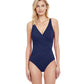 Front View Of Gottex Contour Lattice V-Neck Surplice One Piece Swimsuit | Gottex Lattice Navy