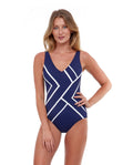 Mirage Full Coverage V-Neck One Piece-Navy/wh