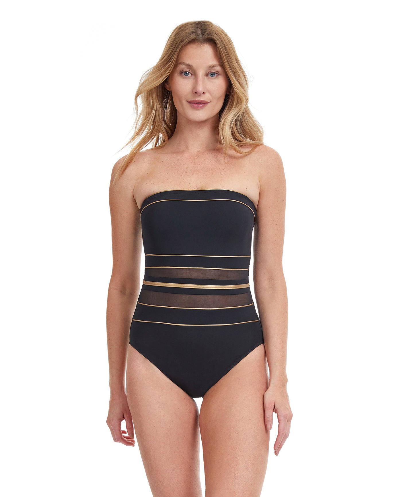 Front View Of Gottex Essentials Onyx Bandeau Strapless One Piece Swimsuit | Gottex Onyx Black And Gold