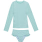 Front View Of Gottex Kids Pineapple Long Sleeve Rash Guard Top And Bikini Bottom | GOTTEX KIDS PINEAPPLE PISTACHIO