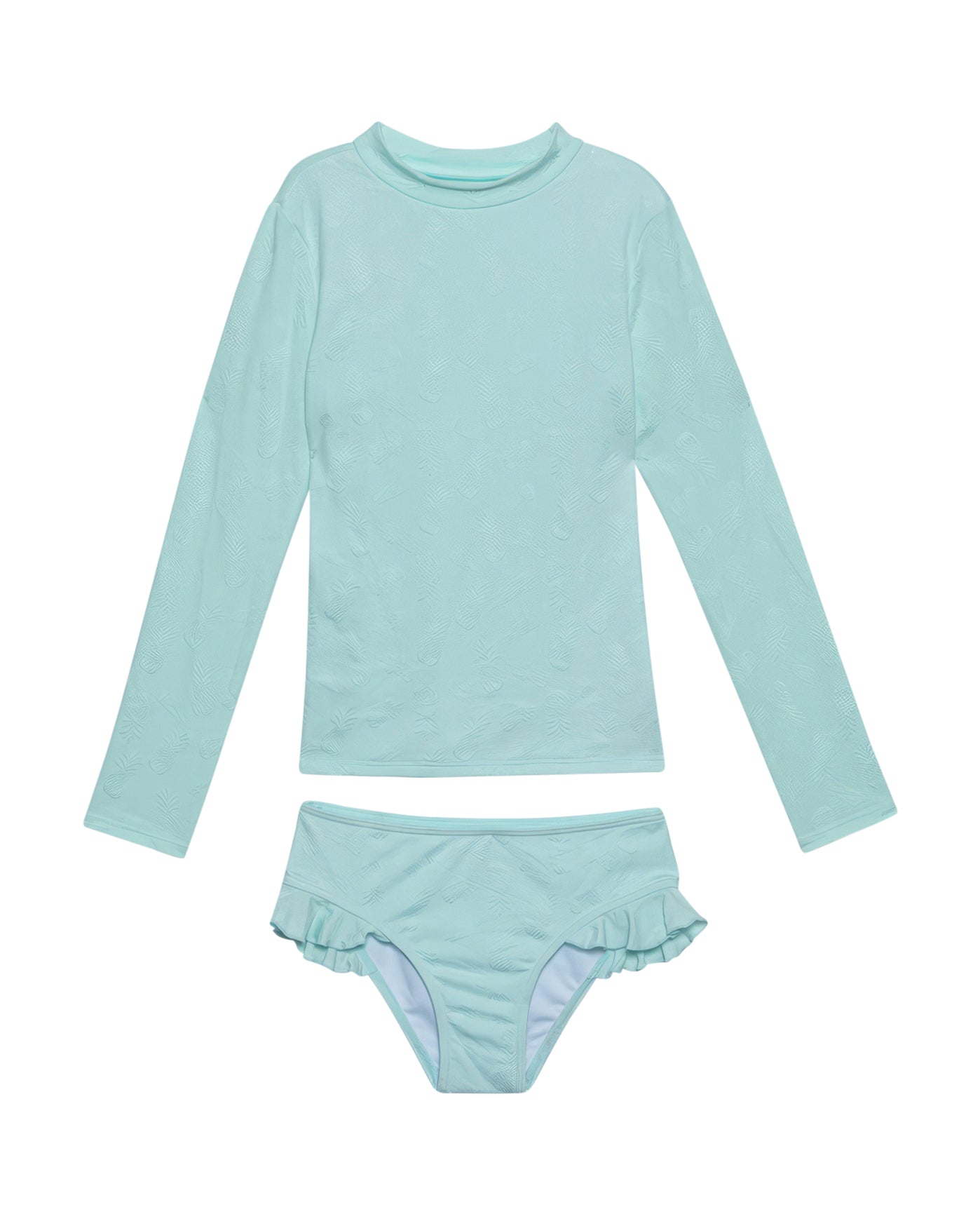 Front View Of Gottex Kids Pineapple Long Sleeve Rash Guard Top And Bikini Bottom | GOTTEX KIDS PINEAPPLE PISTACHIO