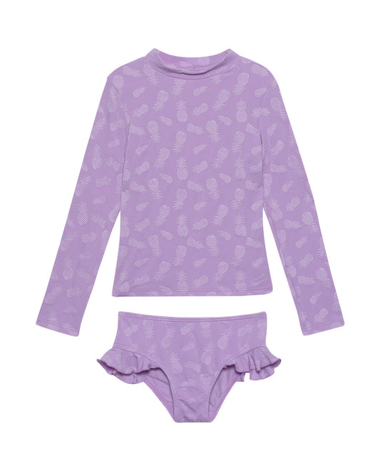 Front View Of Gottex Kids Pineapple Long Sleeve Rash Guard Top And Bikini Bottom | GOTTEX KIDS PINEAPPLE PURPLE