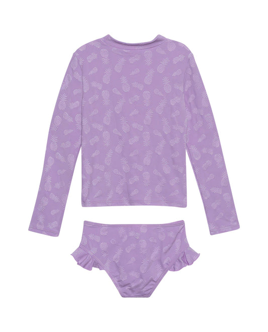 Back View Of Gottex Kids Pineapple Long Sleeve Rash Guard Top And Bikini Bottom | GOTTEX KIDS PINEAPPLE PURPLE