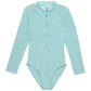 Front View Of Gottex Kids Pineapple Long Sleeve Zip Up Rash Guard One Piece Swimsuit | GOTTEX KIDS PINEAPPLE PISTACHIO