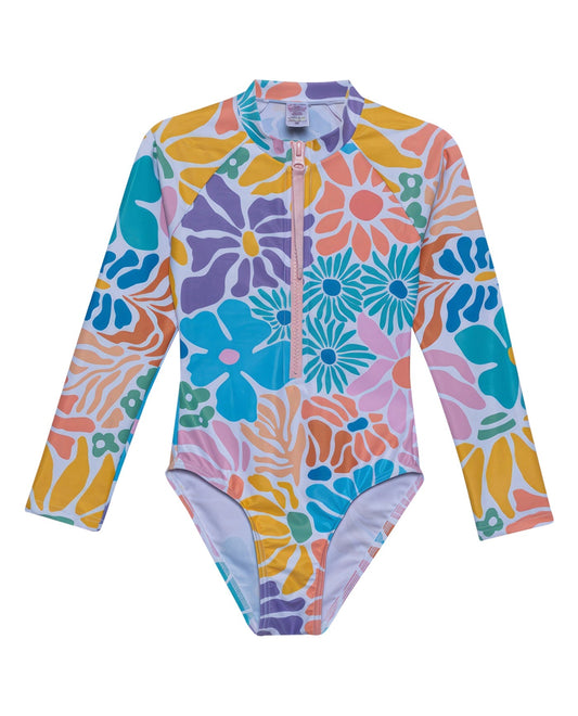 Front View Of Gottex Kids Sunshine Long Sleeve Zip Up Rash Guard One Piece Swimsuit | GOTTEX KIDS SUNSHINE