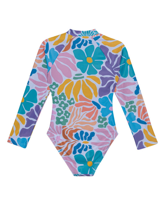 Back View Of Gottex Kids Sunshine Long Sleeve Zip Up Rash Guard One Piece Swimsuit | GOTTEX KIDS SUNSHINE