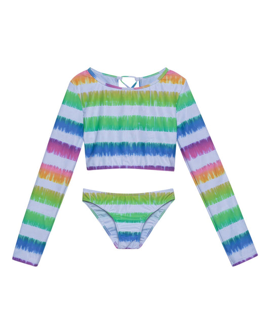 Front View Of Gottex Kids Rainbow Long Sleeve Cropped Rash Guard Top And Bikini Bottom | GOTTEX KIDS RAINBOW