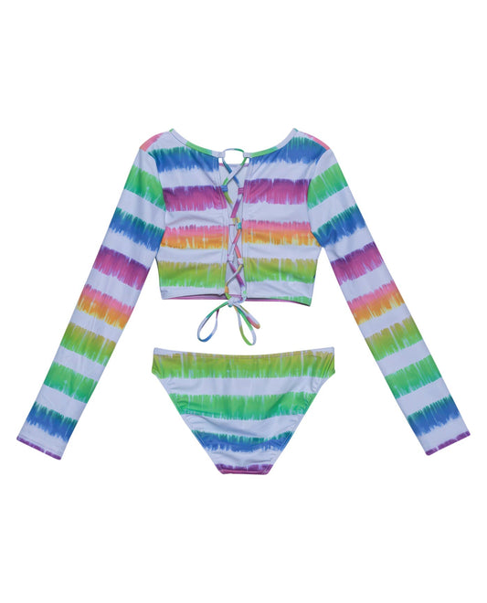 Back View Of Gottex Kids Rainbow Long Sleeve Cropped Rash Guard Top And Bikini Bottom | GOTTEX KIDS RAINBOW