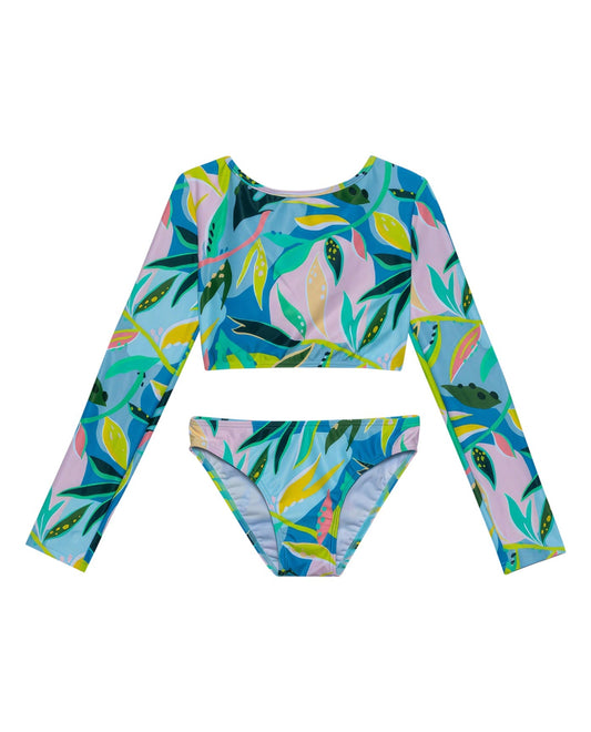 Front View Of Gottex Kids Rainforest Long Sleeve Cropped Rash Guard Top And Bikini Bottom | GOTTEX KIDS RAINFOREST