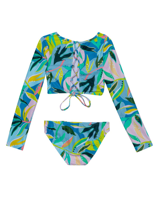 Back View Of Gottex Kids Rainforest Long Sleeve Cropped Rash Guard Top And Bikini Bottom | GOTTEX KIDS RAINFOREST