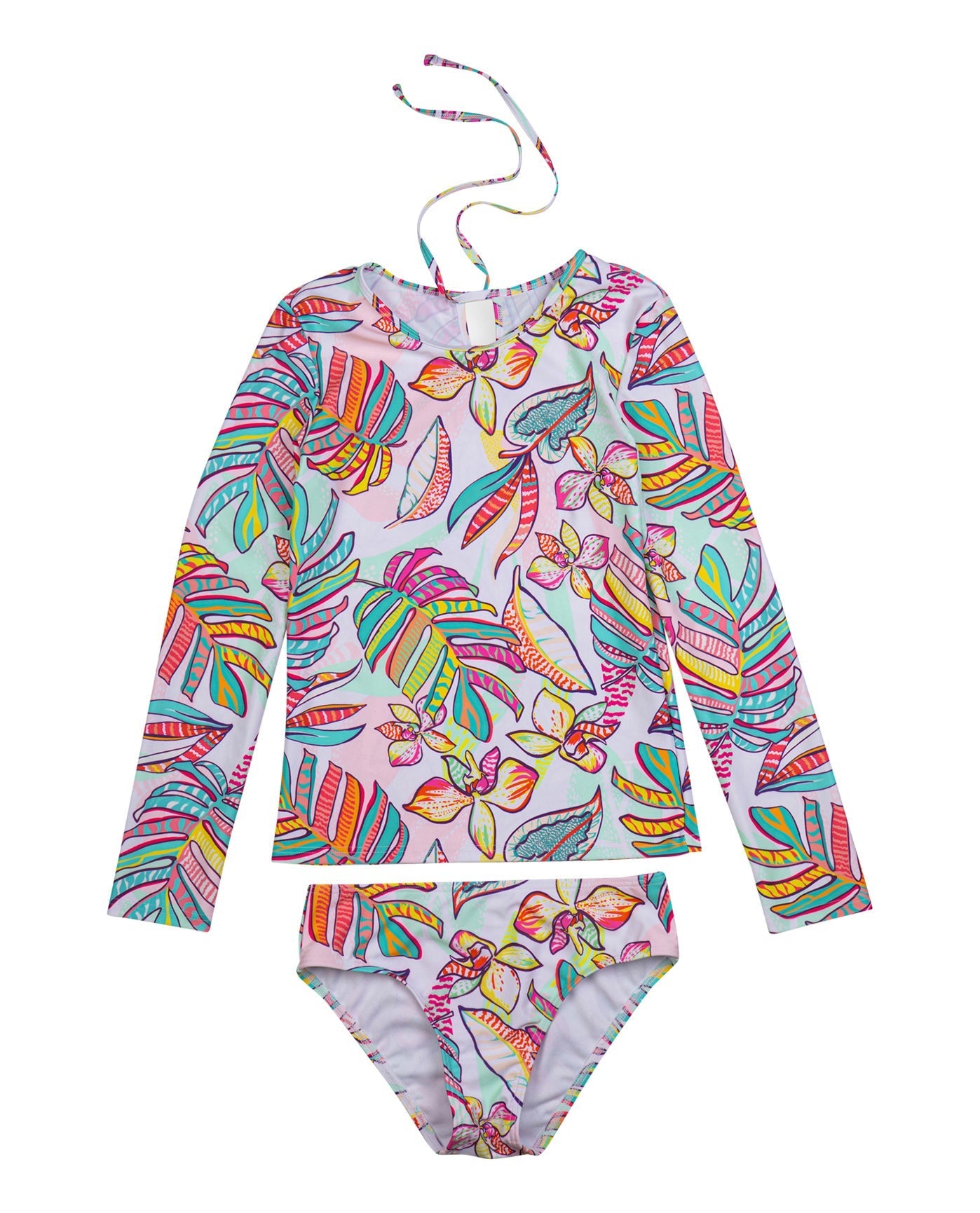 Alternate Front View Of Gottex Kids Palm Island Long Sleeve Rash Guard Top And Bikini Bottom | GOTTEX KIDS PALM ISLAND