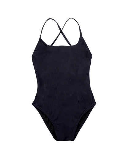 Front View Of Gottex Kids Textured Rib Round Neck One Piece Swimsuit | GOTTEX KIDS TEXTURED RIB BLACK
