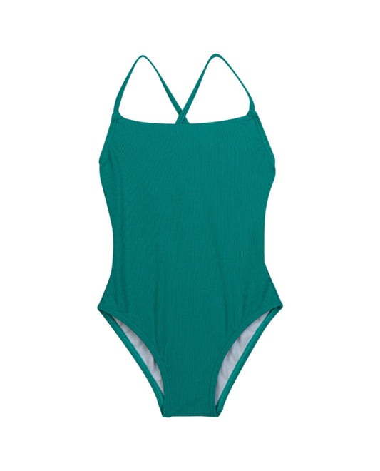 Front View Of Gottex Kids Textured Rib Round Neck One Piece Swimsuit | GOTTEX KIDS TEXTURED RIB GREEN