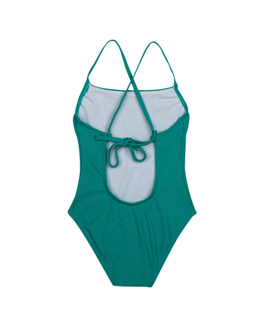 Back View Of Gottex Kids Textured Rib Round Neck One Piece Swimsuit | GOTTEX KIDS TEXTURED RIB GREEN