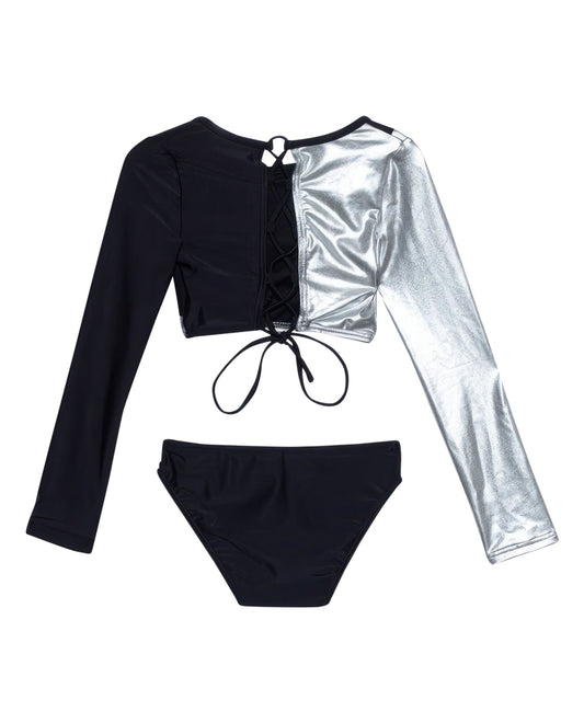 Back View Of Gottex Kids Duo Long Sleeve Cropped Rash Guard Top And Bikini Bottom | GOTTEX KIDS DUO