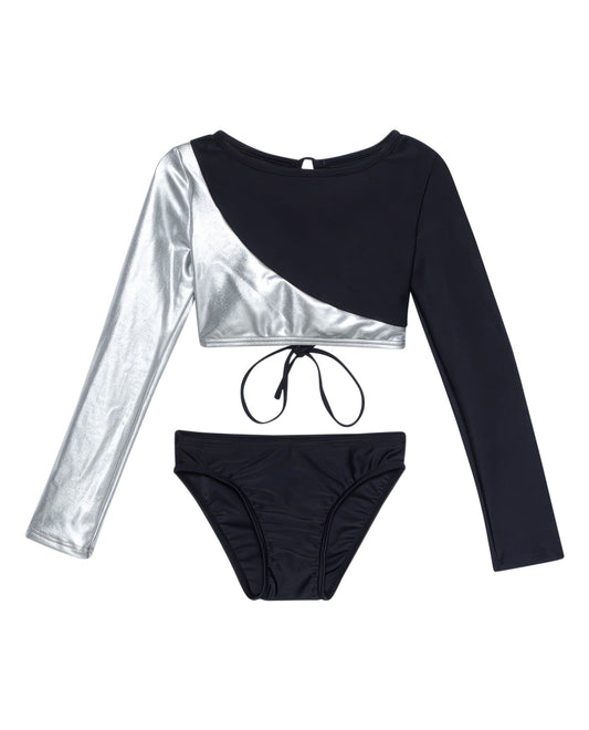 Front View Of Gottex Kids Duo Long Sleeve Cropped Rash Guard Top And Bikini Bottom | GOTTEX KIDS DUO