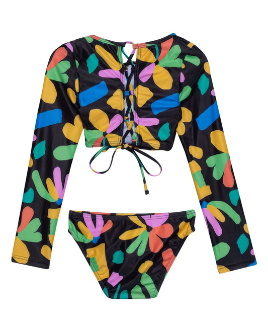 Back View Of Gottex Kids Spice Long Sleeve Cropped Rash Guard Top And Bikini Bottom | GOTTEX KIDS SPICE