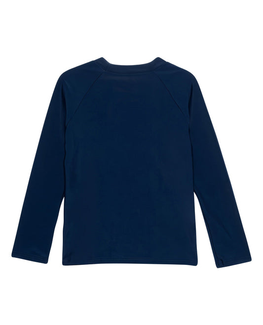 Back View Of Gottex Kids Solid Long Sleeve Zip Up Rash Guard Tankini Top | GOTTEX KIDS NAVY