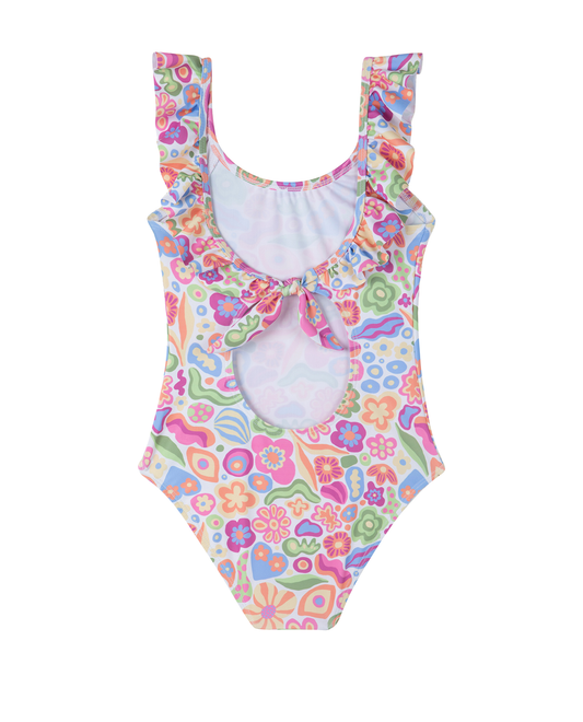 Back View Of Under the Sea Square Neck Ruffle One Piece | sea-multi