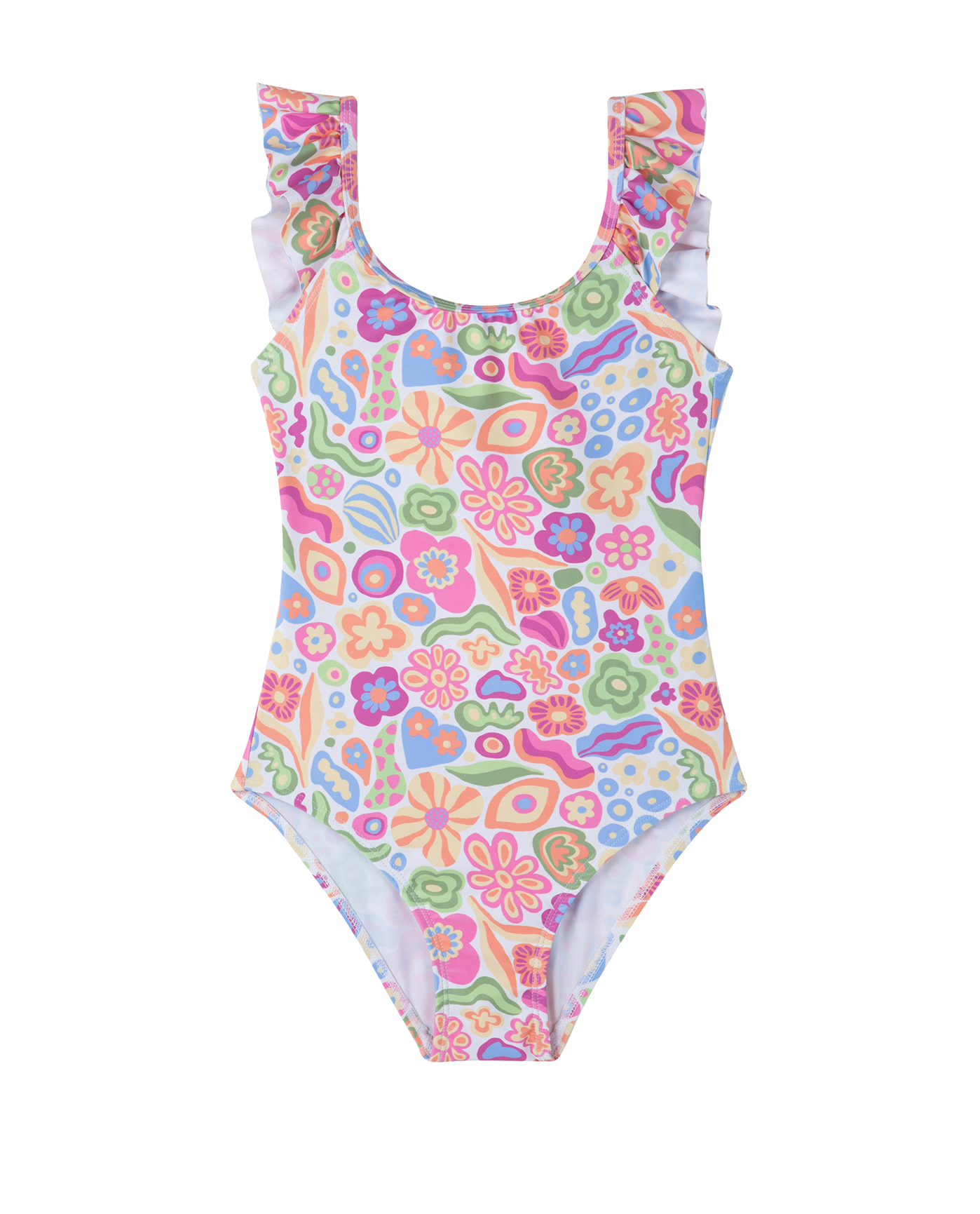 Front View Of Under the Sea Square Neck Ruffle One Piece | sea-multi
