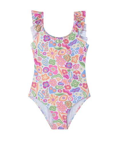Front View Of Under the Sea Square Neck Ruffle One Piece | sea-multi
