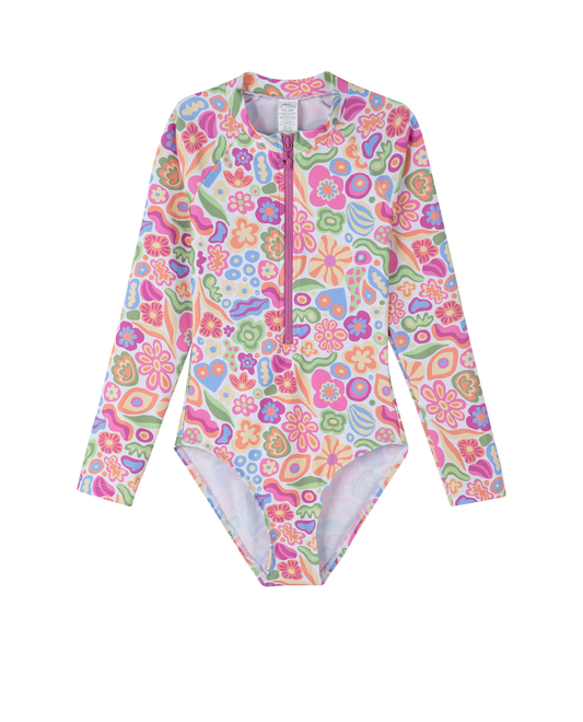 Front View Of Under the Sea Long Sleeve Zip Front One Piece | sea-multi
