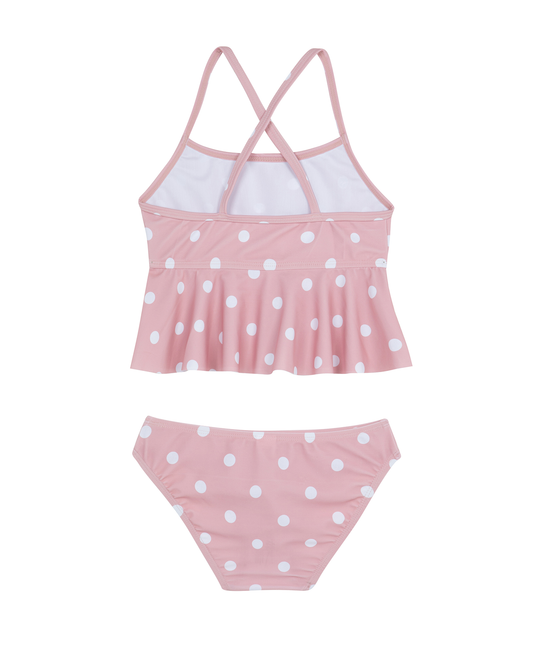 Back View Of Dot Dot Dot  Scoop Neck Ruffle Swim Set | pink