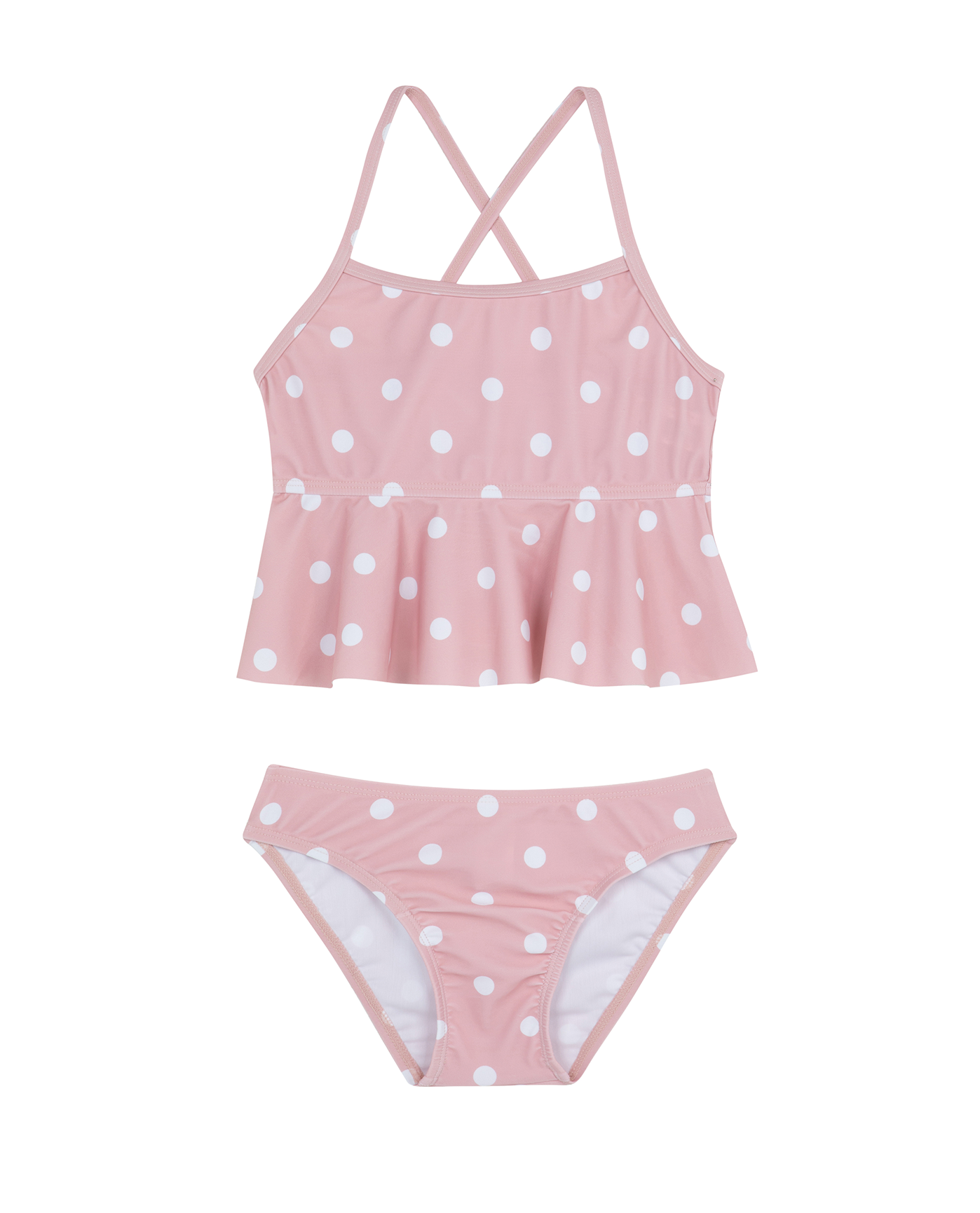 Front View Of Dot Dot Dot  Scoop Neck Ruffle Swim Set | pink
