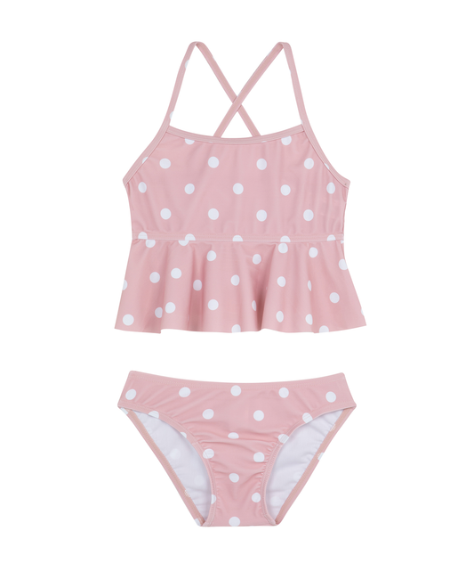 Front View Of Dot Dot Dot  Scoop Neck Ruffle Swim Set | pink
