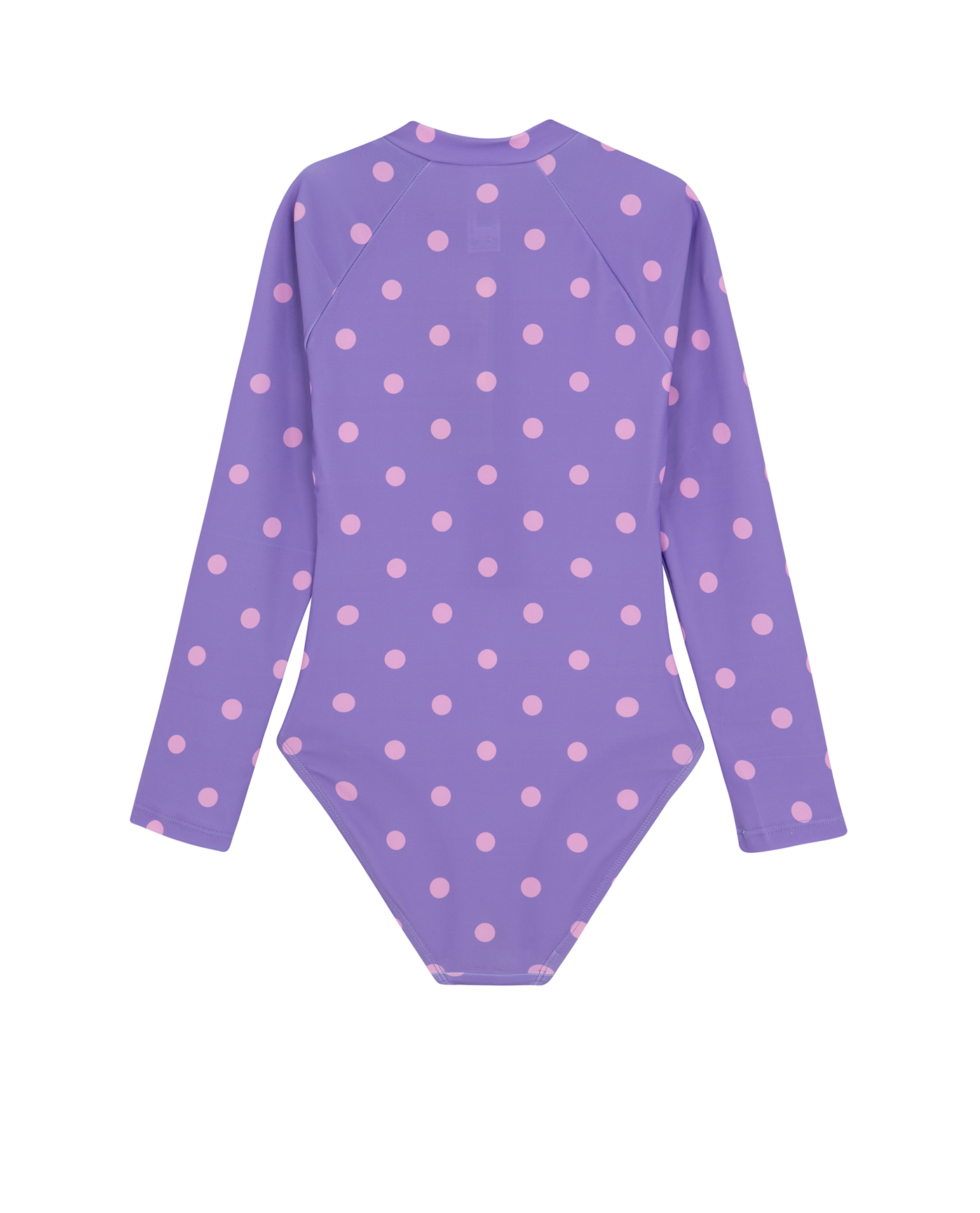 Back View Of Dot Dot Dot Long Sleeve Zip Front One Piece | purple
