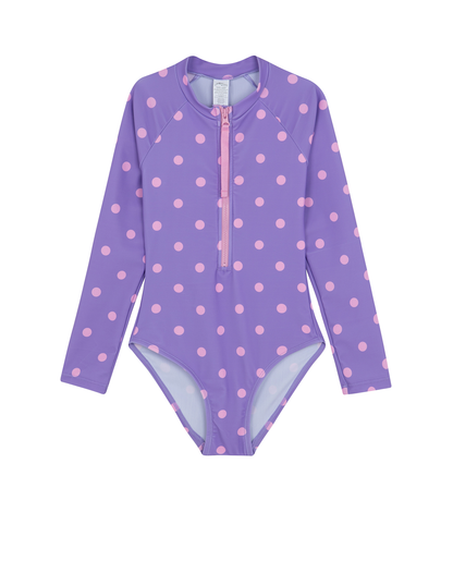 Front View Of Dot Dot Dot Long Sleeve Zip Front One Piece | purple
