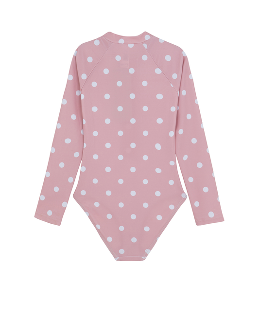 Back View Of Dot Dot Dot Long Sleeve Zip Front One Piece | pink
