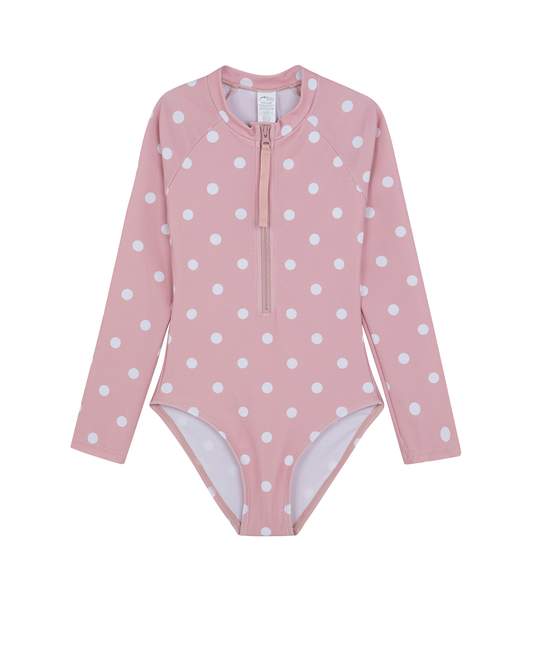 Front View Of Dot Dot Dot Long Sleeve Zip Front One Piece | pink
