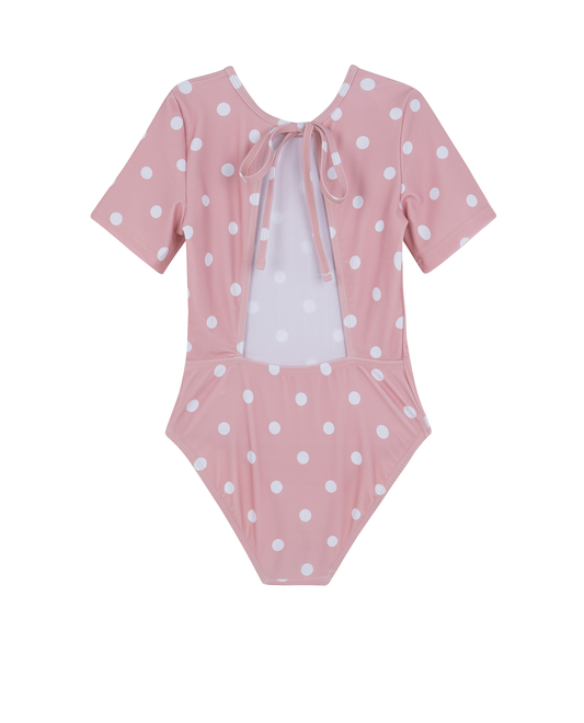 Back View Of Dot Dot Dot  Short Sleeve Open Tie Back One Piece | pink