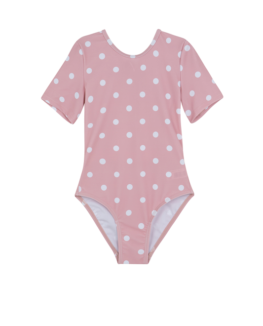 Front View Of Dot Dot Dot  Short Sleeve Open Tie Back One Piece | pink
