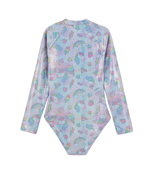 Back View Of Unicorn Squad Long Sleeve Zip Front One Piece | unicorn-multi
