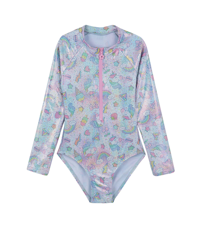 Front View Of Unicorn Squad Long Sleeve Zip Front One Piece | unicorn-multi
